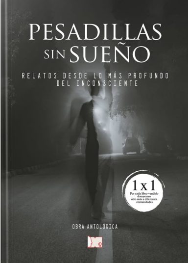 Portada del libro "Pesadillas sin sueño", con una figura oscura y un ambiente tenebroso.