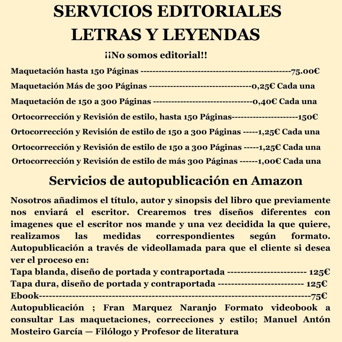 Tarifas 2026 Servicios editoriales con precios y detalles sobre autopublicación en Amazon.