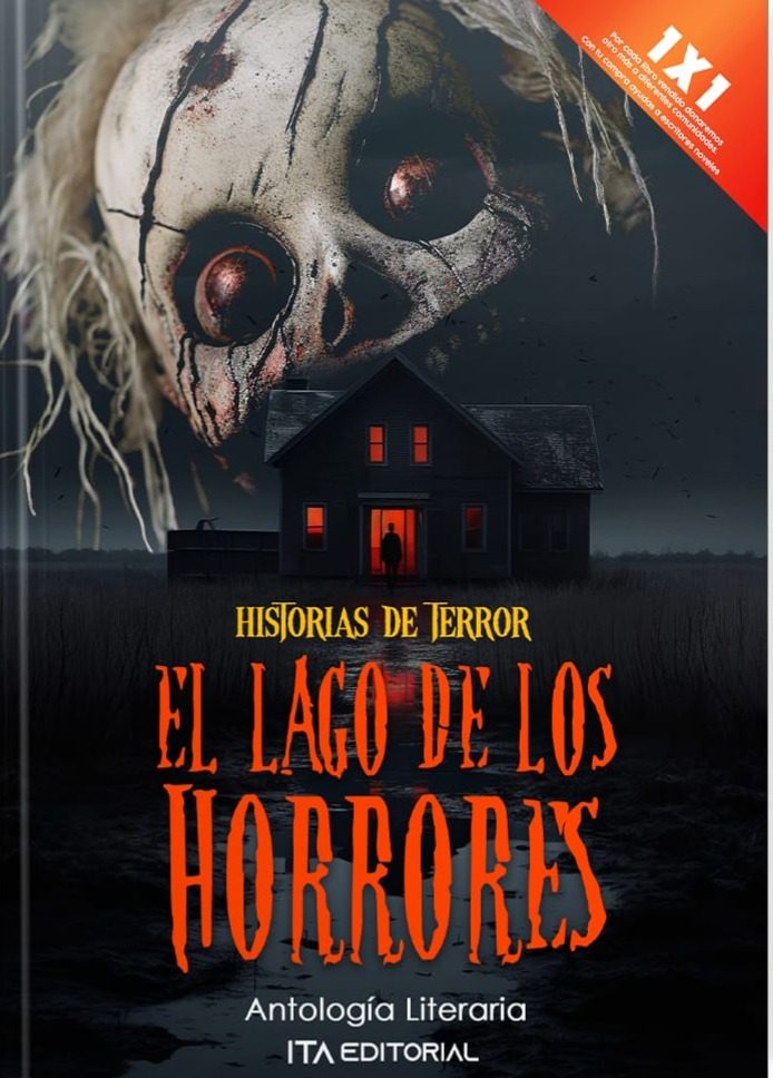 Portada de un libro de terror con una casa oscura y un lago tenebroso.